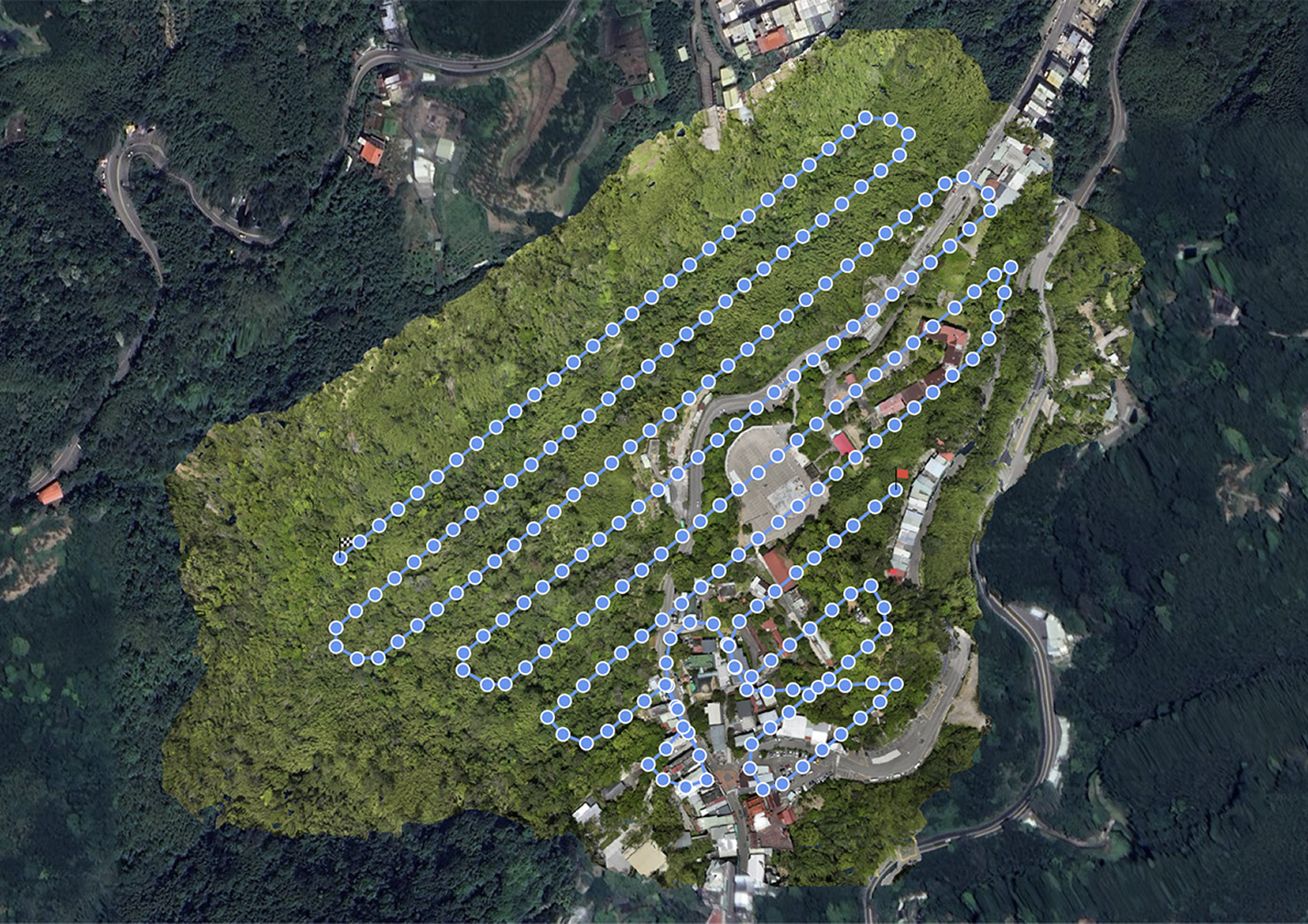 無人機飛行任務結束後成果圖，記錄完整飛行軌跡與作業範圍
