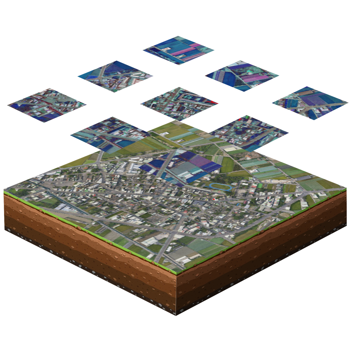 無人機攝影測量示意圖，透過多張高空影像拼接生成地表圖資，用於空間分析與測繪建模