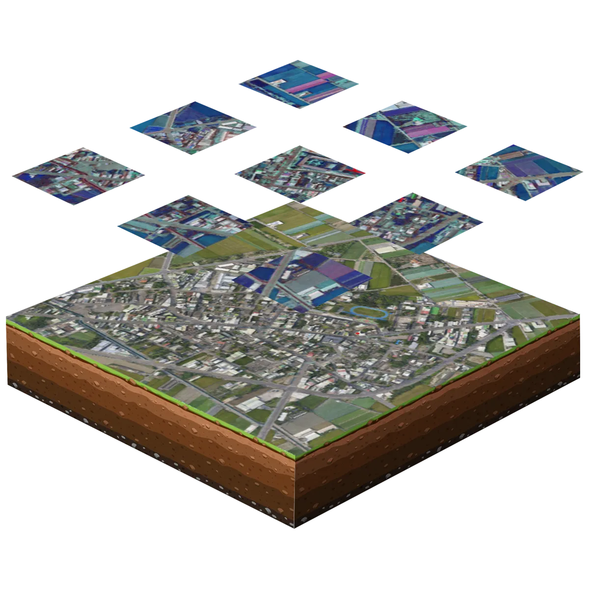 UAV photogrammetry illustration showing aerial image stitching for ground mapping and spatial modeling